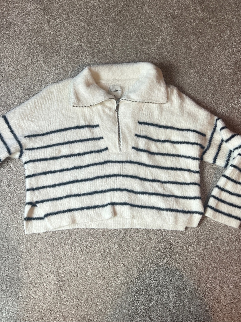 Abercrombie & Fitch Cream Cropped Sweater with Navy Stripes - Half-Zip